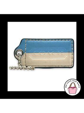 COACH HANG TAG 2.5" Blue White Stripe Bag Charm Keychain Fob Leather Large